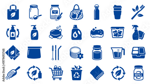 Collection of blue icons representing sustainable living and eco-friendly products for a zero waste lifestyle and environmental protection