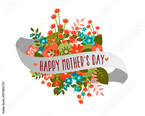 Charming Mother’s Day floral vector illustration with ribbon banner and bright bouquet, perfect for greeting cards, seasonal campaigns, gift tags, social media, and print decor.