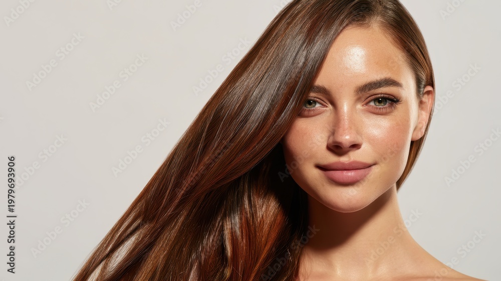 Naklejka premium Young woman with natural beauty and radiant skin, showcasing healthy long brown hair flowing across her face, capturing a fresh and glowing look for cosmetics and wellness themes