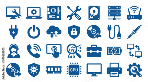Collection of blue computer technology icons representing hardware software networking and support services on a white background