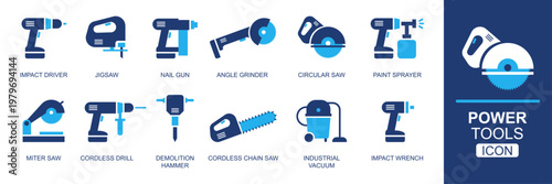 Power Tools Vector Icon Set - Blue Flat Illustrations for Construction, Carpentry and DIY Renovation Projects