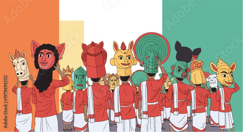 A group of people wearing traditional, colorful masks and red and white attire, participating in a cultural procession or festival, with a background of orange, white, and green stripes.