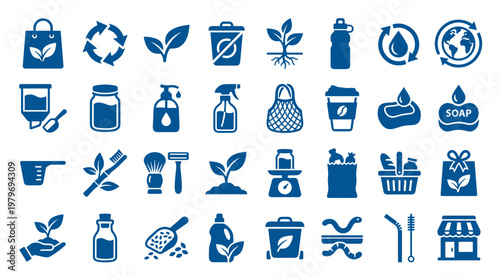 Collection of blue eco friendly icons representing sustainability and green living for a healthier planet and conscious consumption