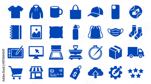 Collection of blue icons representing e-commerce business services and products for online stores and digital marketing
