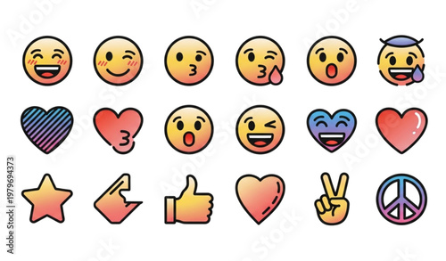 A colorful set of emoticon icons and symbols for digital communication