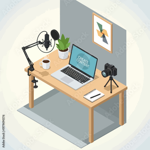 Isometric Home Studio Setup for Content Creation with Laptop and Microphone.