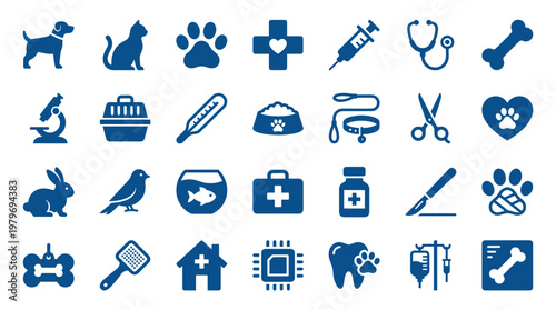 Collection of veterinary symbols and icons representing animal care health and medical treatment in blue color