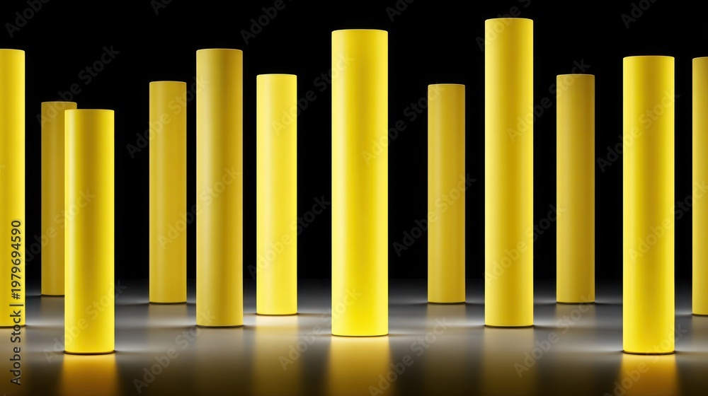 Fototapeta premium Numerous glowing yellow cylindrical shapes illuminate a dark, reflective surface.