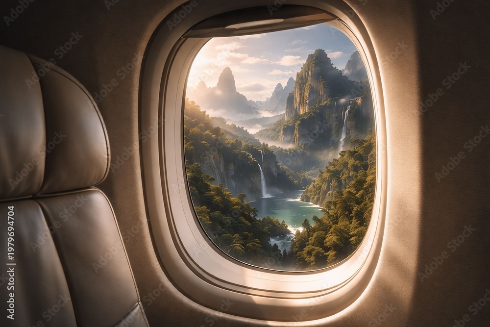 Fototapeta premium Scenic Mountain Waterfall View from Airplane Window with Soft Morning Light