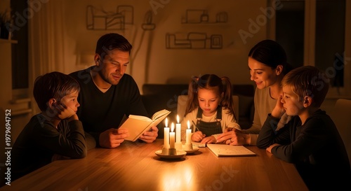 Family Reading and Drawing Together by Candlelight at Night
