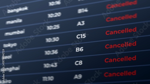 Photos Flight Cancelled Status on Airport Display Board, Travel Disruption Concept
