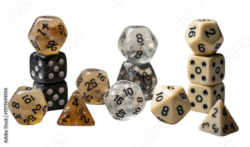 A collection of colorful polyhedral dice for tabletop gaming