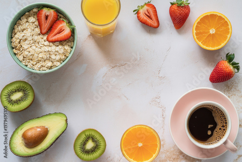 Healthy Breakfast Spread with Fresh Fruits and Coffee on Marble Table For Nutrition Concepts