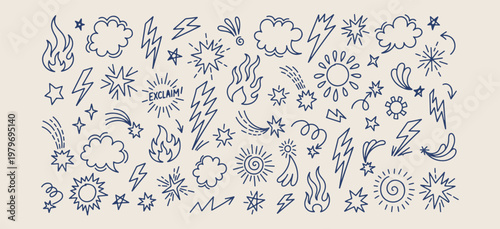 Weather storm and sun icons, nature spark and flame illustrations, celestial star and cloud graphics, outdoor element sketch symbols, lightning and rain drop elements, hand drawn climate icon collecti
