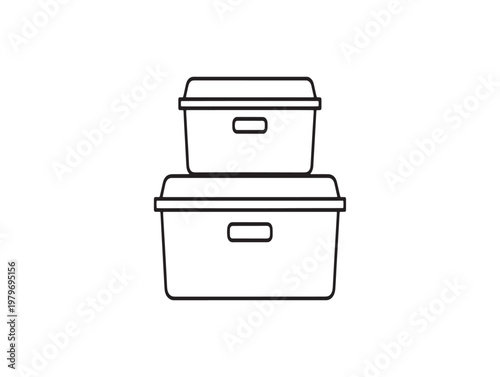 Simple black and white sketch of stacked rectangular storage containers with lids