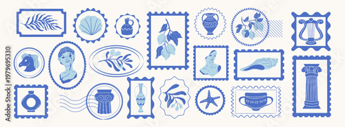 Greek stamp collection with ancient column designs and mediterranean vase elements. Vector greece logo icons of mythology symbols, hand drawn olive branches and amphora art in vintage style.