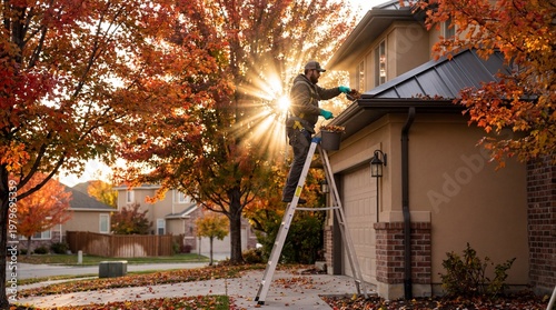 Autumnal Home Maintenance: A worker stands atop a ladder, meticulously cleaning a house gutter amidst the vibrant hues of fall foliage, bathed in the warm, inviting light of a setting sun.