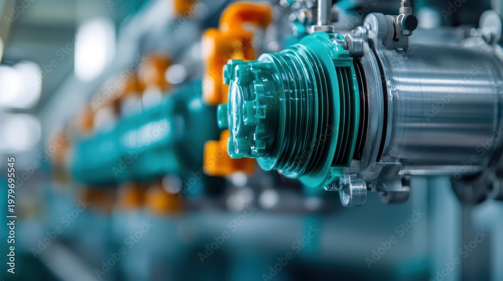 Fototapeta premium An intricate view of an industrial machinery component showcasing precision engineering and blue tones, representing innovation and the complexity of modern technology.