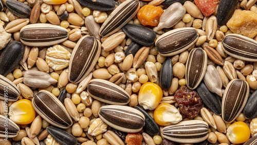 Nutritious birdseed mix: blend of sunflower seeds, peanuts, corn, raisins, and wheat for wild bird feeding