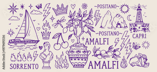 Amalfi coast Italy travel sketch, Positano lemon tree illustrations, Mediterranean vacation doodle graphics, Italian summer holiday icons, hand drawn ceramic vase elements, European travel aesthetic s