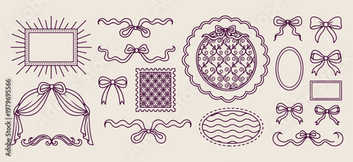 Vintage floral frame set, elegant ribbon bow illustrations, classic decorative border graphics, purple ink ornament icons, retro aesthetic frame elements, antique style border collection, hand drawn f