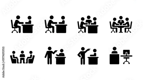 Collection of icons depicting various office meeting and work scenarios Vector