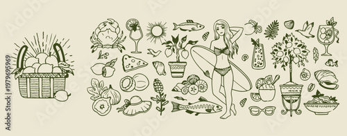 Summer girl and beach life sketch, tropical vacation lifestyle illustrations, bikini woman and surfboard graphics, beach drink and fruit icons, coastal summer travel elements, hand drawn vacation aest