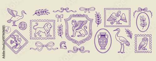 Purple heraldic shield and wreath, vintage coat of arms illustrations, royal crest and laurel graphics, purple ink heraldry icon elements, classical shield and vase symbols, historical emblem design c