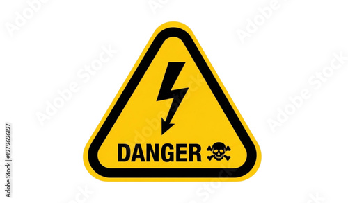 A yellow and black warning sign with a lightning bolt and skull symbol
