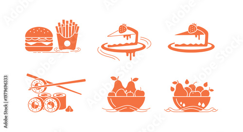 Tasty food variety icons including burger and fries combo with cheesecake slice and fresh sushi rolls alongside a healthy fruit bowl.