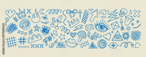 Blue abstract line art doodles, hand drawn object icon illustrations, creative blue ink sketch graphics, whimsical nature and arrow symbols, notebook margin doodle collection, modern doodle element se