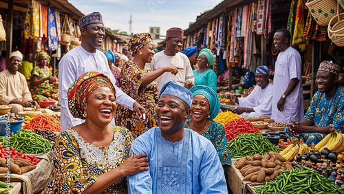 Viintimate apparelnt nigerian marketplace scene: laughing people in colorful traditional clothing and abundant fresh produce