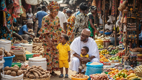 Viintimate apparelnt nigerian marketplace: family shopping for fresh produce and local goods amidst the bustling atmosphere of a traditional african market.