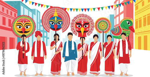A vibrant illustration of people celebrating a traditional Indian festival, holding colorful folk art masks and effigies, with festive decorations in an urban setting.
