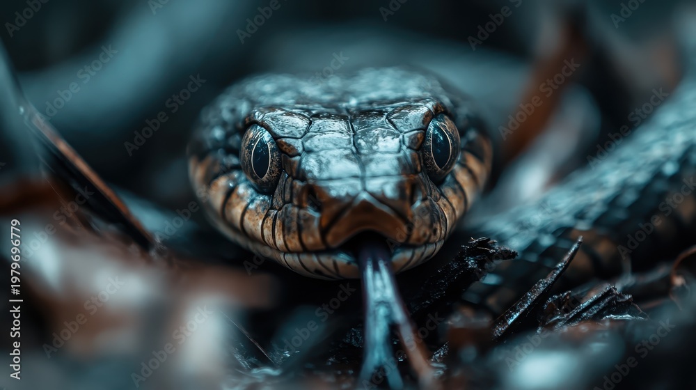 Obraz premium An intricate close-up photo of a striking serpent, showcasing its scales and piercing eyes, revealing the beauty and complexity of nature's creatures.