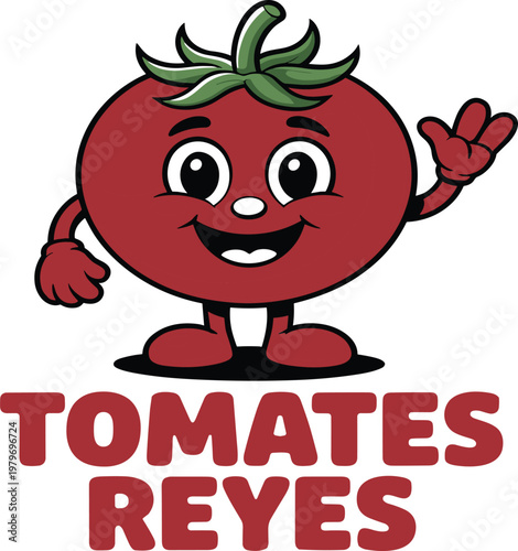 Smiling red tomato character with green leaf and waving hand vector illustration