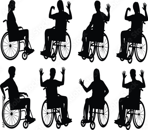 Silhouettes of people in wheelchairs waving and raising hands vector illustration