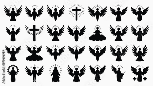 Black angel silhouettes and cross symbols in a professional icon set featuring 30 unique designs with detailed wings and celestial elements ideal for religious and spiritual themes