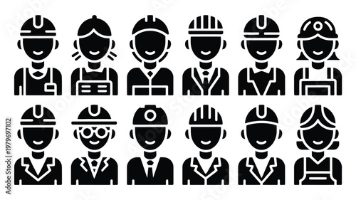 Collection of black and white occupational icons featuring workers in varied uniforms and helmets smiling and posing in a neat grid layout