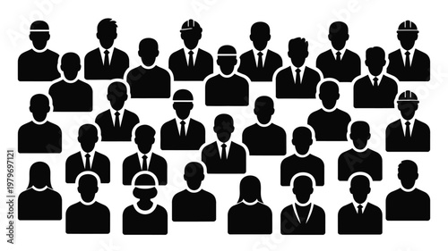 Diverse silhouettes of professionals in business attire arranged in a grid layout for occupational representation