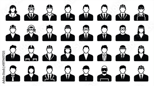 Diverse professional icons wearing uniforms and formal attire in a grid layout black and white design occupational symbols for business and industry