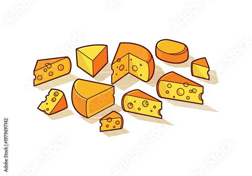 A collection of various cheese wedges and blocks, some with holes, displayed on a white background.