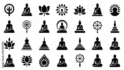 Flat vector icons of buddhist symbols and meditating figures in minimalist black silhouette style on white background for spiritual and cultural design