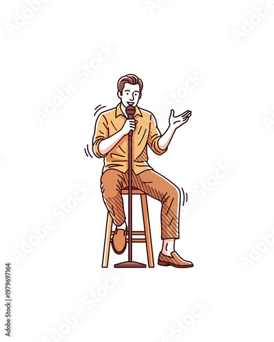 A man in a collared shirt and pants sits on a stool and speaks into a microphone.