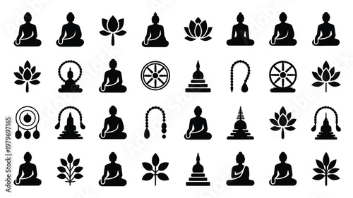 Minimalist black and white vector icons of buddha lotus flower meditation poses and buddhist symbols for spirituality and mindfulness