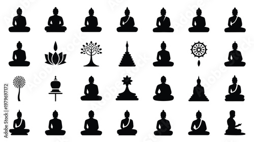 Black silhouettes of buddhas in meditation poses with spiritual symbols for balance and serenity in minimalist design