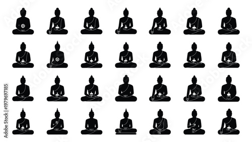 Minimalist black silhouettes of buddha statues in meditative poses arranged in a clean grid pattern for spiritual concept
