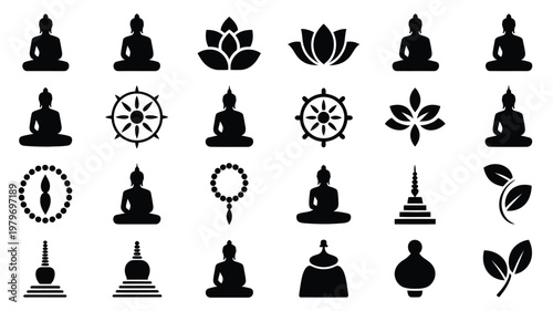 Buddhist vector icons featuring meditating buddha figures lotus flowers prayer wheels and spiritual symbols in black silhouettes
