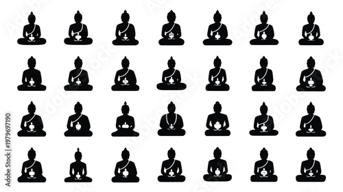 Minimalist black silhouettes of buddha statues in various meditative poses arranged in a grid pattern on a clean white background