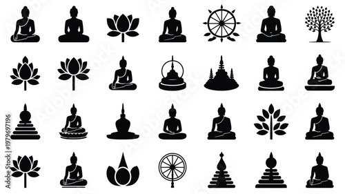 Black silhouettes of buddha statues lotus flowers and religious symbols in a minimalist vector illustration set for spirituality and meditation themes